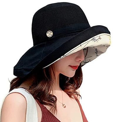 Summer Mesh Sun Hats for Women UV Protection Wide Brim Packable Bucket Hat - color: Black