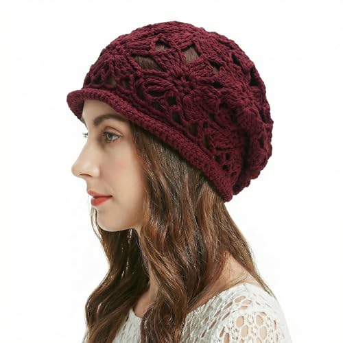 ZLYC Women Cotton Crochet Slouchy Beanie Hat Handmade Knit Summer Skull Cap - color: Crochet Burgundy
