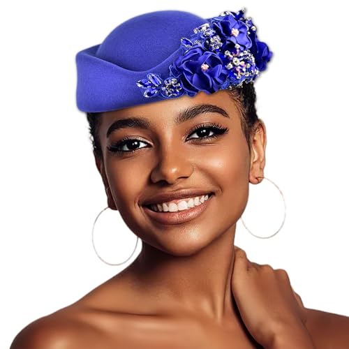 Women's Retro Stewardess Felt Hat, British Berets, Rhinestone Flower Decor, Ladies' Church Derby Hat - color: Blue