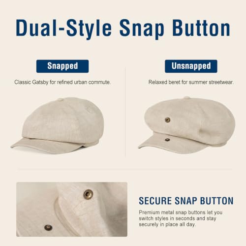 XL XXL Oversized 8 Panel Natural Linen Flat Cap Newsboy Hat Lightweight Summer Cooling Golf Outdoor Eco-Friendly - color: Beige Herringbone(elastic), size: Medium-Large