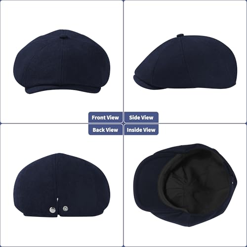 Men's Wool Blend Newsboy Cap Adjustable Gatsby Ivy Newsies Cabbie Hat Classic 8 Panel Tweed Flat Winter Hat - color: Pure Navy, size: Medium