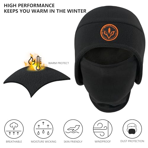 BASSDASH Unisex Soft Fleece 2-in-1 Hat with Mask Ear Flap - color: Black