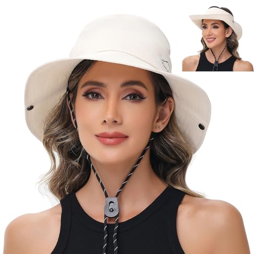Sun Hats for Women Bucket Hat UV Protection Fishing Hat Wide Brim Safari Hats 2 in 1 Zip-Off Sun Visor Hats UPF 50+ - color: 1pack-beige
