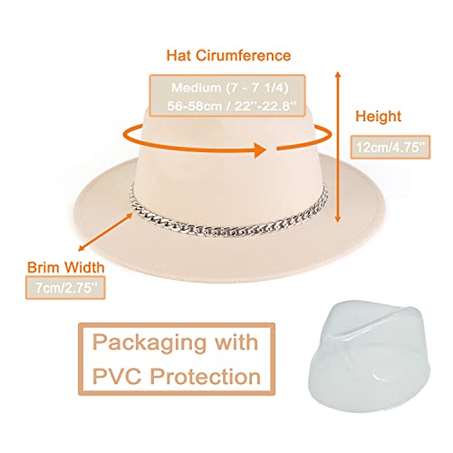 Women Men Wide Brim Fedoran Hat with Chain Belt Buckle - color: Beige