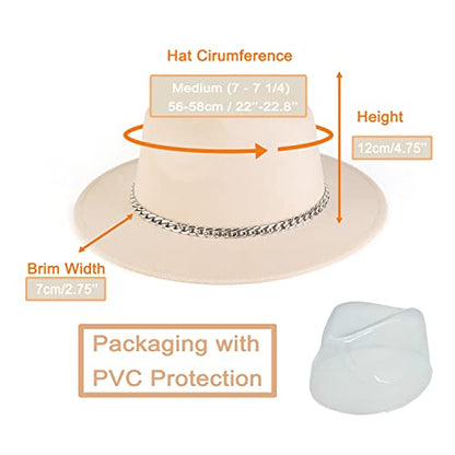 Women Men Wide Brim Fedoran Hat with Chain Belt Buckle - color: Beige