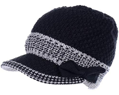 BYOS Womens Winter Chic Cable Warm Fleece Lined Crochet Knit Hat W/Visor Newsboy Cabbie Cap - color: Black Bow