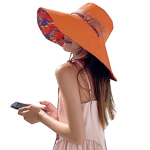 6" Extra Wide Brim Sun Hats UPF 50+ UV Protection Packable Beach Hat Strap Women - color: Orange