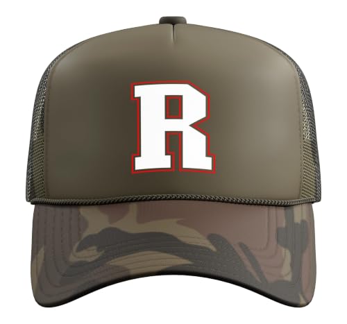Initial R Monogram R Letter R Capital Alphabet Trucker Hat with Adjustable Mesh Back - color: Camo Green