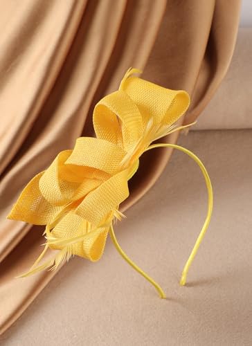 Zinniday Victoria Tea Party Hat - 2025 Bow Derby Attire Hats with Hairpin,1920s 50s Feather Fascinators for Women - color: Yellow