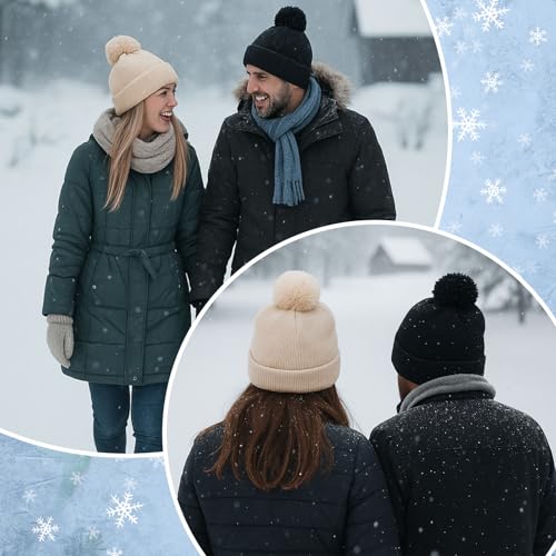 Geyoga 2 Pcs Pom Beanie Hat Men Women Winter Hat Pom Knit Cap Beanies with Ball at Top Acrylic Winter Cap with Cuff - color: Beige,black, style: Classical