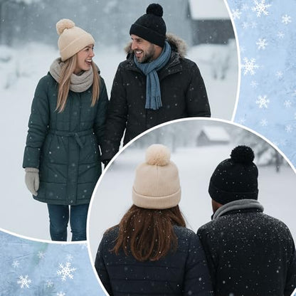 Geyoga 2 Pcs Pom Beanie Hat Men Women Winter Hat Pom Knit Cap Beanies with Ball at Top Acrylic Winter Cap with Cuff - color: Beige,black, style: Classical