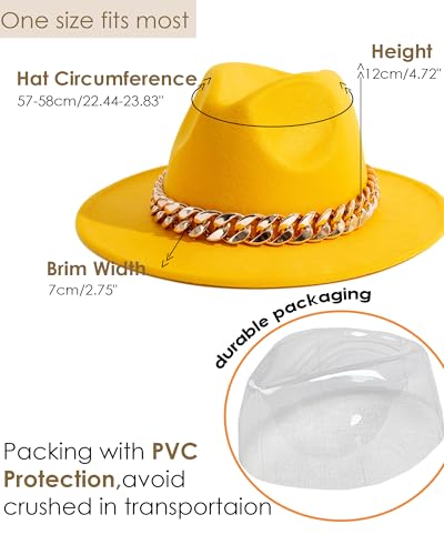 Men & Women Wide Brim Fedora Hat with Chain Buckle - color: Chain Belt-yellow