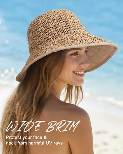 Sun Hats for Women, Summer Beach Straw Wide Brim Bucket Hat - color: Khaki, size: Large