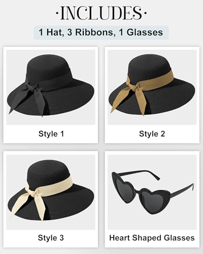 Sun Straw Hats for Women, Wide Brim Summer Beach Hat - color: Black, size: Large