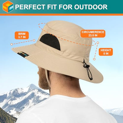 SUN CUBE Wide Brim Sun Hat for Men & Women, UPF 50+ UV Protection, Mesh Boonie Hat with Chin Strap, Fishing Hiking Hat - color: Tan