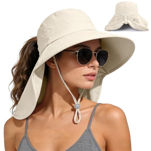 Ruqizhi Sun Hats for Women with Neck Flap Ponytail Hole Women Sun Hats Rollable UV Protection Fishing Hats Wide Brim UPF 50+ - color: Beige
