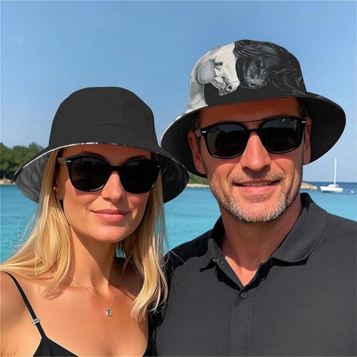 Amasnay Neon Bucket Hat Cotton Double-Side-Wear Reversible Sun Hat for Women Men, Summer Vacation Travel Beach Fisherman Hat - color: Black White Horse