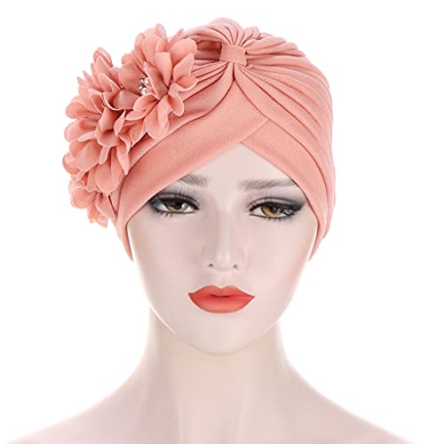 Flower Pre-Tied Turban Beanie, Soft Chemo Cap for Women Cancer Hair Loss - color: Light Pink