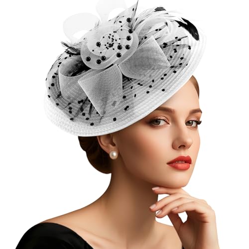 DRESHOW Fascinators Hat Flower Mesh Feathers Hat with a Headband and a Clip 7.9" Tea Party Headwear for Women - color: Folded Style 2: Black & White / 7.9"