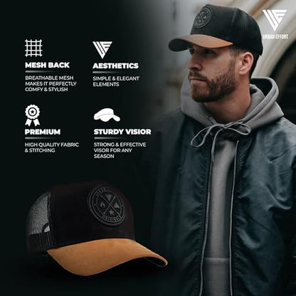 Urban Effort Trucker Hat for Men & Women, Mesh Back Baseball Cap, 5 Panel - color: Black + Brown, style: Mesh Back
