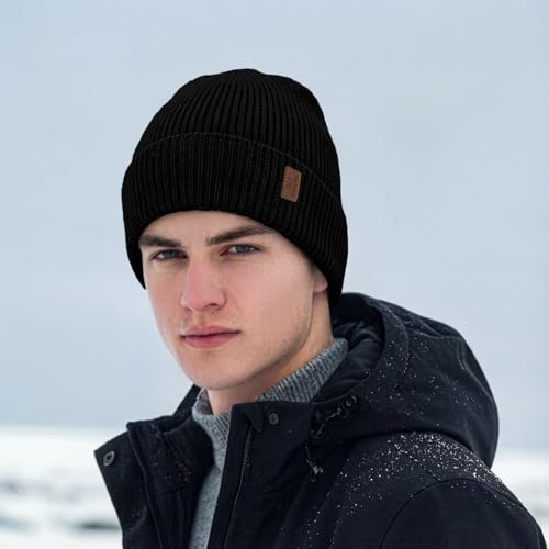 Beanie Fleece Lined Soft for Men Women | Winter Hats Warm Double Layered Stylish Knited Cuffed Plain Beanie Skull Cap | - color: A01- Black