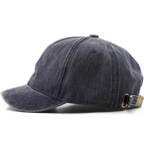 Short Brim Baseball Cap for Men Women Unconstructed Washed Cotton Adjustable Short Bill Hat Vintage Low Profile Dad Hat - color: Navy Blue