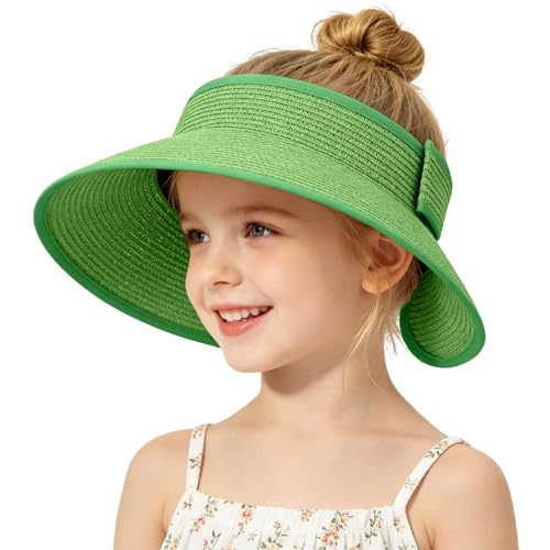 Girls Sun Visor Hat with Ponytail Hole Wide Brim Beach Straw Visor UPF 50+ - color: 1pack-grass Green