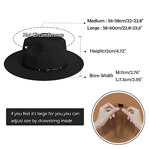 jingsha Fedora Hats for Men & Women Wide Brim Fedora Felt Panama Hat Men's Dress Hats with Belt Buckle - color: Black-khaki(inside), size: Large