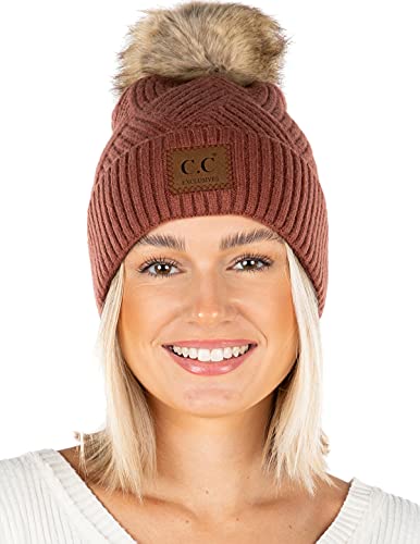 Funky Junque Women’s Pom Pom Beanie – Soft Knit Winter Hats for Women & Teens, Warm Fashionable Beanie with Faux Fur Poms - color: Diagonal Stripes - Brick