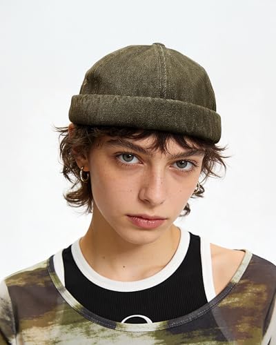 Clakllie Cotton Docker Hat Brimless Hats for Men Retro Sailor Skullcap - color: Fma2503-greenishbrown