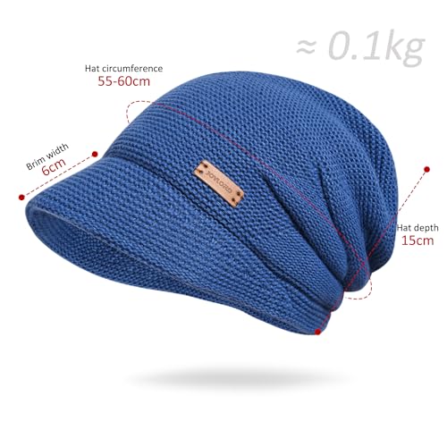 Womens Winter Beanie Hat,Fleece Lining Warm Knitted Slouchy Beanie Hats Cap with Visor - color: Blue