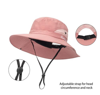 Womens Summer Sun Hat Beach Hat Wide Brim Outdoor UV Protection Bucket Hat - color: Solid Pink