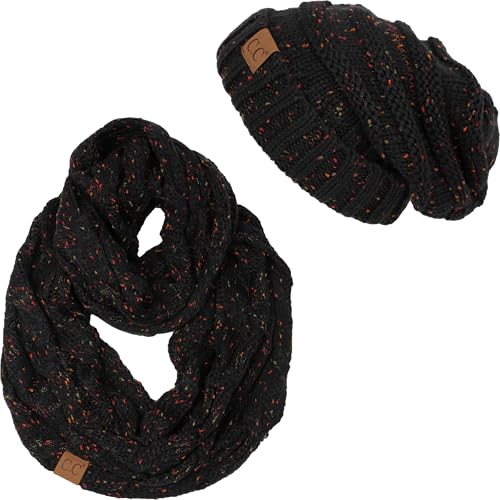 Funky Junque Slouchy Beanie & Infinity Scarf Gift Set – Matching Winter Accessories Sets for Women, Oversized Hat and Scarves - color: Black (Confetti)