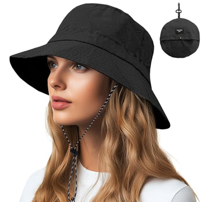 NPQQUAN Sun Bucket Hats for Woman Men Lightweight Sun Hat Packable Foldable - color: (Black)