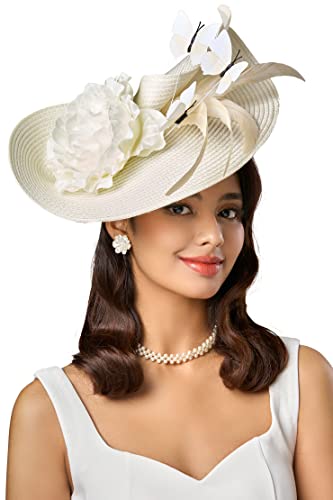 BABEYOND Tea Party Fascinator Hat for Women Kentucky Headwear Derby Wide Brim Butterfly Church Hat for Cocktail Wedding - color: Beige