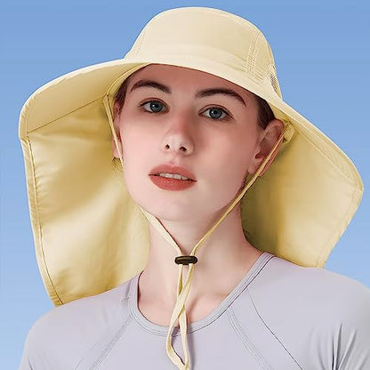 Womens Sun Hat UV Protection, Foldable Waterproof Wide Brim Bucket Hats with Neck Flap for Summer Beach Fishing Hiking - color: Beige