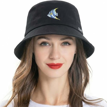 ZLYC Cotton Bucket Hat for Women Men Embroidered Packable Summer Sun Cap - color: Blue Angelfish Black