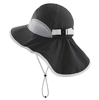 Connectyle Kids Sun Hat Adjustable Fishing Hat for Boys Grils Breathable UPF 50+ Protection Outdoor Beach Hat with Neck Flap - color: Dark Grey