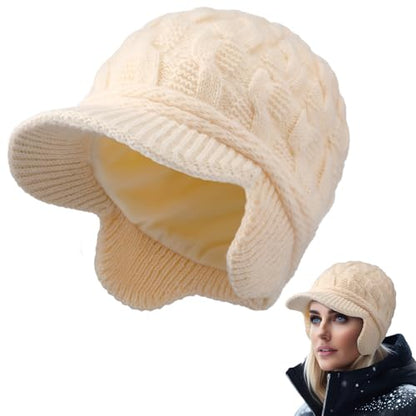 Jenaai Winter Beanie with Brim and Earflap for Woman Outdoor Warm Thermal Knitted Hat for Women Men Cold Weather - color: Beige