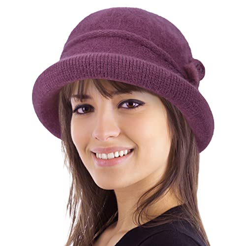 Women Winter Knit 1920s Vintage Bucket Bowler Hat Round Brim Warm Hat - color: 1purple
