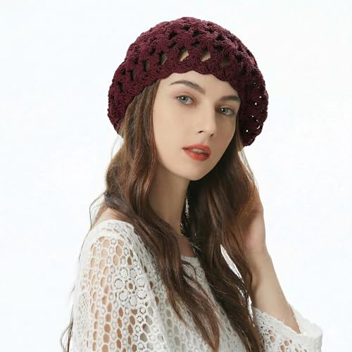 ZLYC Women Cotton Slouchy Crochet Beret Handmade Cutout Floral Beanie Hat - color: Burgundy