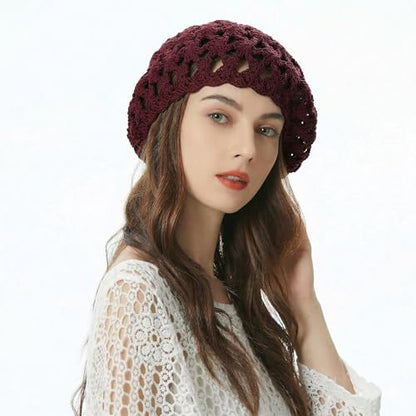 ZLYC Women Cotton Slouchy Crochet Beret Handmade Cutout Floral Beanie Hat - color: Burgundy