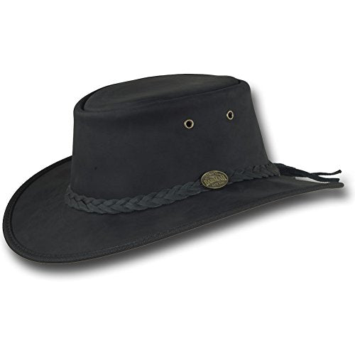 Foldaway Drover Hat in Rustic Cattle Leather by Barmah - color: Black, size: Large
