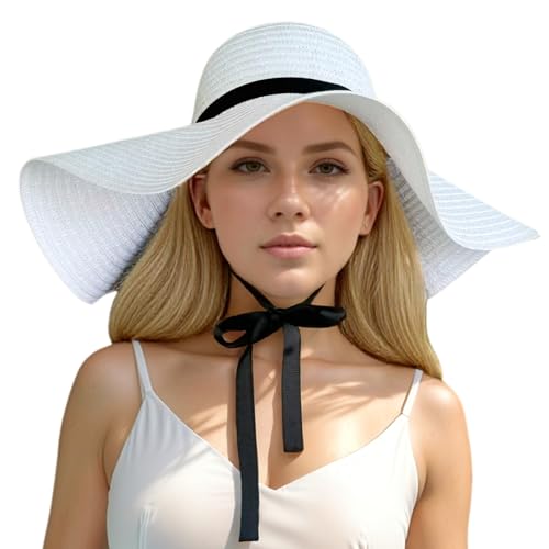 Oversized Beach Straw Hats for Women Floppy, Extra Large Sun Visor Hat Wide Brim Summer Roll Up Big Beach Hat Women Foldable - color: Diameter 50cm White-2