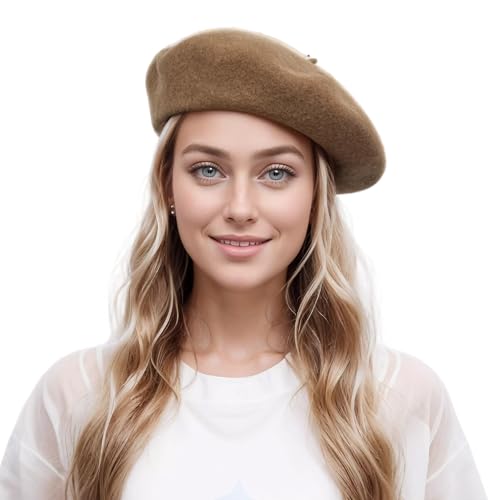 Lanzom Wool Blend Women Beret Hat French Beret Cap Winter Fashion Solid Color Hat for Women Girls Lady - color: Camel