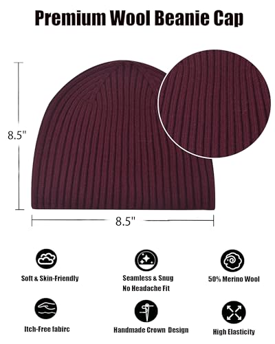 Wool Knit Beanie Hats for Men Women,Cuffless Winter Skull Caps - color: 1-wine Red