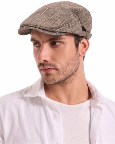 ZLYC Men Cotton Flat Cap Summer Scally Newsboy Beret Driver Hat - color: Plaid Coffee