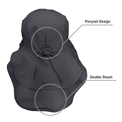Womens Sun Hat UPF 50+ Wide Brim and Ponytail Hole, Hiking Safari Hat with Neck Flap… - color: Dark Grey