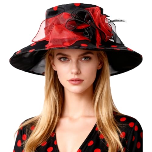 Organza Kentucky Dots Fascinator Hat for Women Ladies Wide Brim Big Sun Hats Wedding Church Hat Derby Cap - color: Black and Red