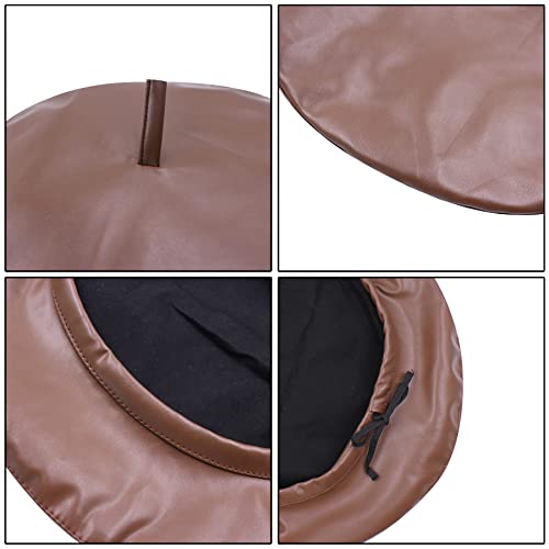MINGSEECESS Women PU Leather French Black Beret Hat Causal Beanie Hat - color: Bright-brown